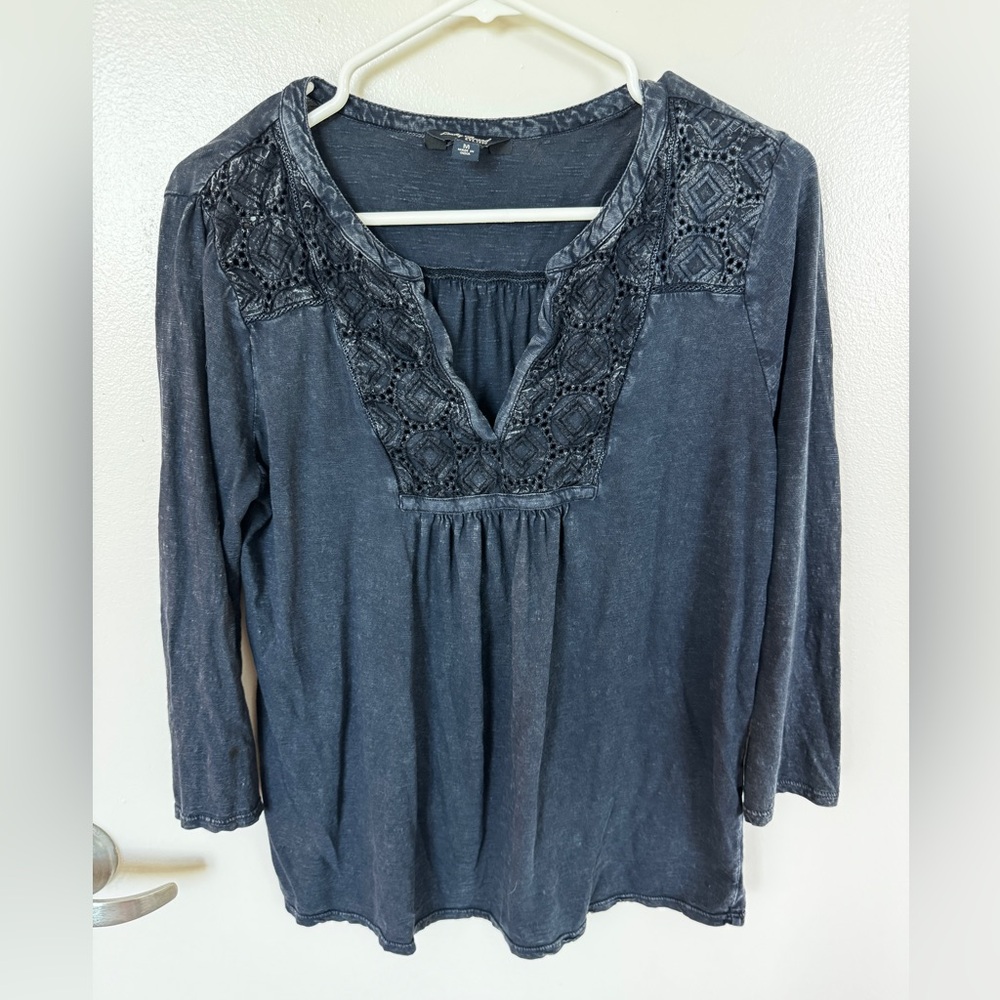 Lucky Brand Dark Denim Blue Lace Accent Blouse